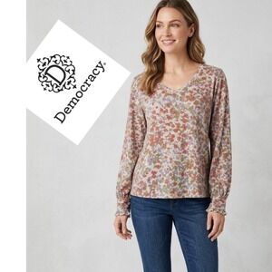 Democracy Women Floral V-Neck Long Sleeve Top Multicolor Large Eclectic Grandpa